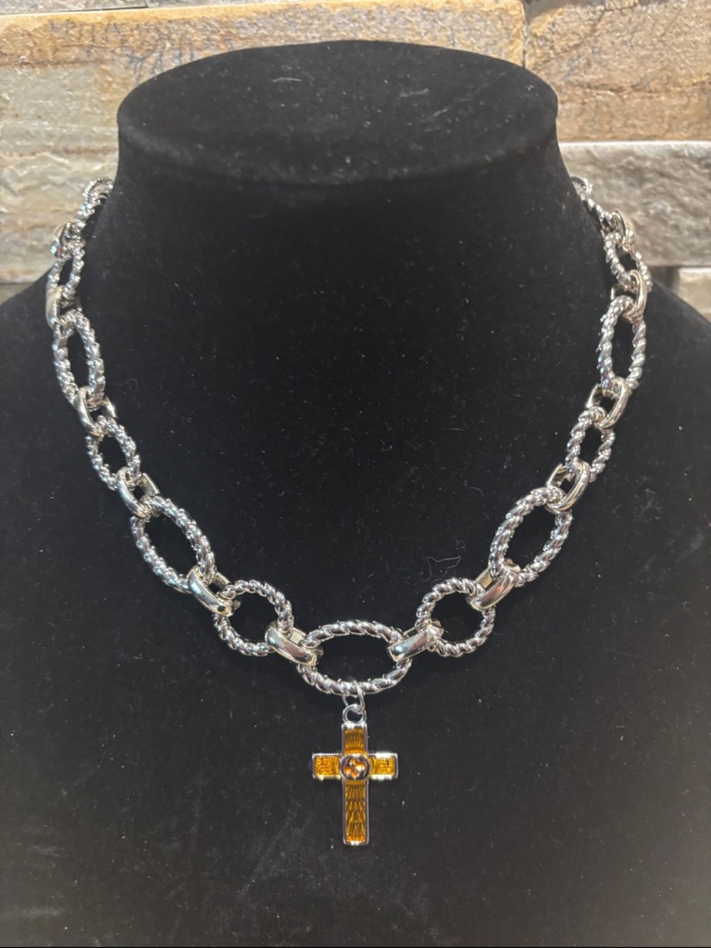 Silver & light Gold Two-Tone Chain Necklace with Amber GG Cross Pendant